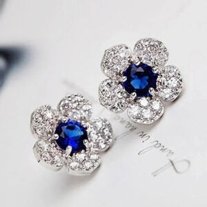Sapphire Blue Pave Crystal Flower Stud Earrings